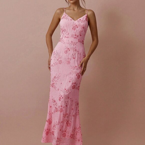 Pink Elegant Womens Romantic V-Neck Suspender Maxi Dress - Picture 2 of 7